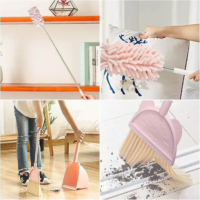 Kalolary 5 Pcs Mini Broom and Dustpan Set, Mini Broom with Dustpan for Home, Little Broom Dustpan Set with Extendable Duster for Cleaning for Office Home Table Desk Key Board