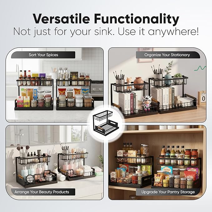 Under Sink Organizer 2-Pack, Metal Under Sink Organizer for Kitchen & Bathroom, Multi-Use Under Sink Storage Rack for Cleaning Supplies and Bathroom Essentials (Black)
