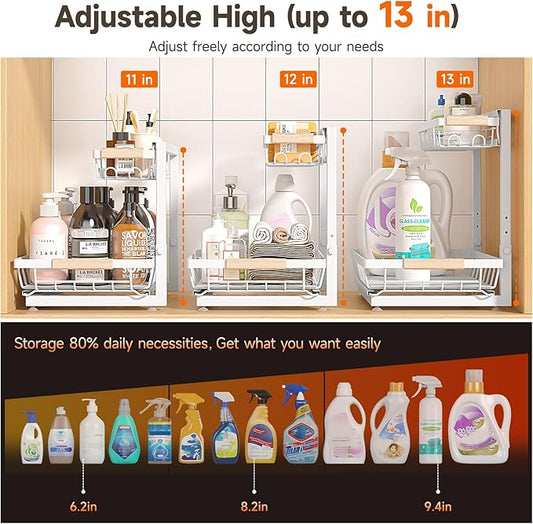 2 Packs Under Sink Organizer, High Adjustable 2 Tier Under Kitchen sink organizer, Multi-Purpose Storage Shelf for Kitchen Bathroom Cabinet (White)