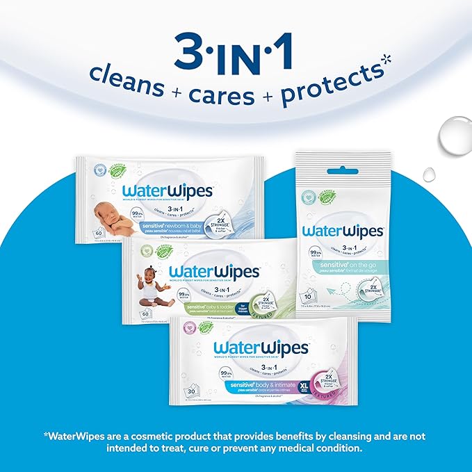 WaterWipes Sensitive+ Newborn & Baby Wipes, 3-In-1 Cleans, Cares, Protects, 99.9% Water, Unscented & Hypoallergenic, 240 Count (4 Packs)