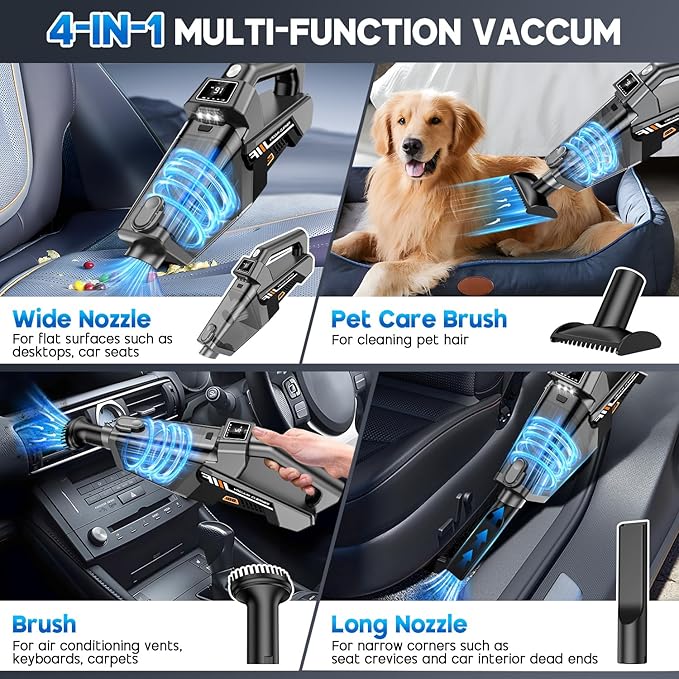 Handheld Vacuum Cordless, 16KPA Powerful Suction Hand Held Vacuum Cleaner Dust Busters Cordless Rechargeable, HD Display & 3 LED Lights, Portable Vacuum for Car, Home, Pet Hair