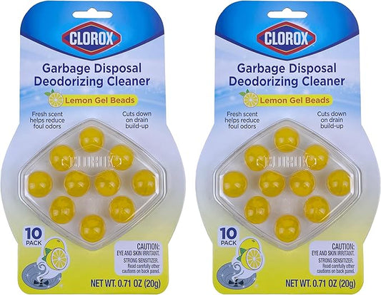 Clorox Garbage Disposal Cleaner and Deodorizer Beads, Lemon-Scented 2-Pack (20 count), freshener for sinks and drains, degreases and cleans disposals