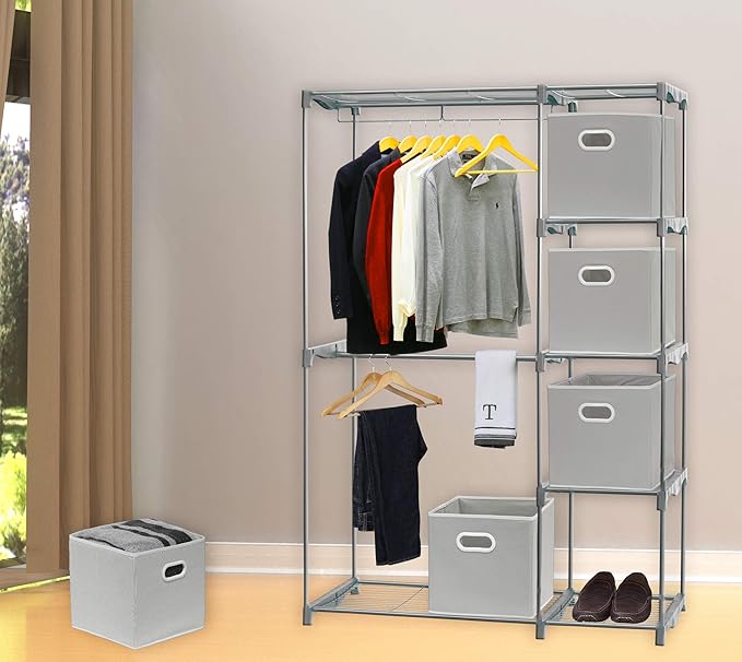 Simple Houseware Foldable Cube Storage Bins with Handles, 11-Inch, Gray, 6-Pack, Fabric Cubes Organizer for Closet or Shelves