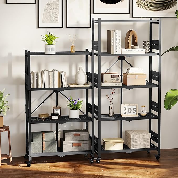 WORKPRO 5-Tier Folding Shelf, No-Assembly Metal Storage Rack with Wheels, 750 lbs Capacity (with Leveling Feet), Collapsible Shelving Unit for Kitchen, Pantry, Bathroom & Closet Organization