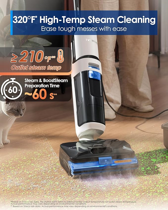 Tineco Floor ONE S6 Stretch Steam Corded Wet Dry Vacuum Steam Mop All-in-One, BoostSteam, 320℉ High-Temp Steam Cleaning, 180° Lay-Flat, Anti-Tangle Design, One-Touch Self-Cleaning