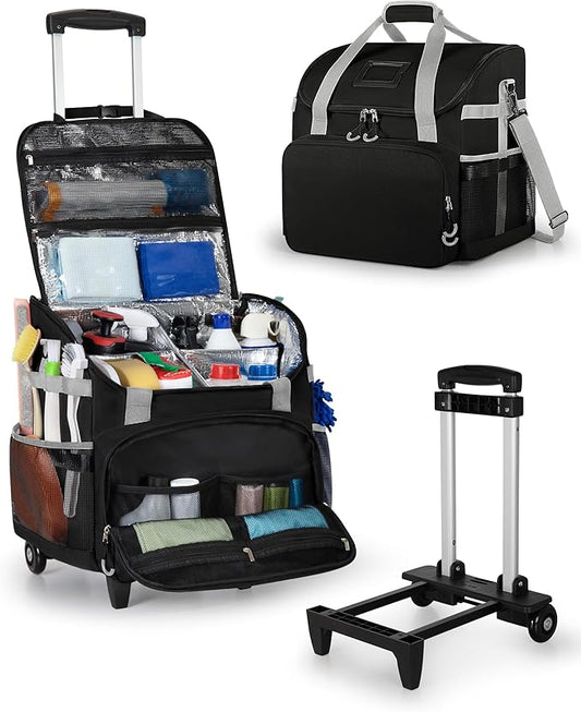 Large Rolling Cleaning Caddy Bag with Detachable Trolley, Cleaning Supplies Organizer with Wheels for Housekeepers, Black