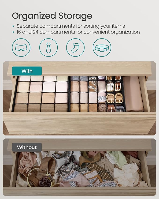 SONGMICS 4 Pack Drawer Organizers, 80 Cells (2x16+2x24), Foldable Dividers, 11.8 x 11.8 x 3.9 Inches, for Socks, Underwear, Ties, Belts, Ink Black URUS011B01