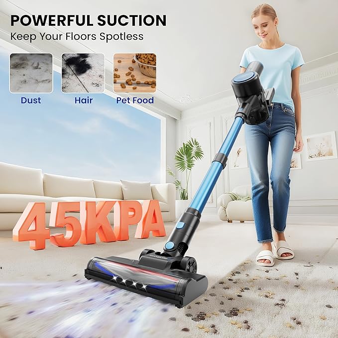 Cordless Vacuum Cleaner, 44kPa 55Mins Vacuum Cordless Rechargeable, Self-Standing, 1.5L Dust Cup Stick Vacuum for Hard Floors Carpet Pet Hair