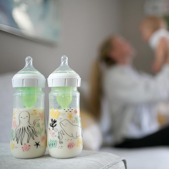 Dr. Brown's Anti-Colic Options+ Wide-Neck Baby Bottle Designer Edition Bottles, Ocean Decos, 9 oz/270 mL, Level 1 Nipple, 0m+, 2-Pack