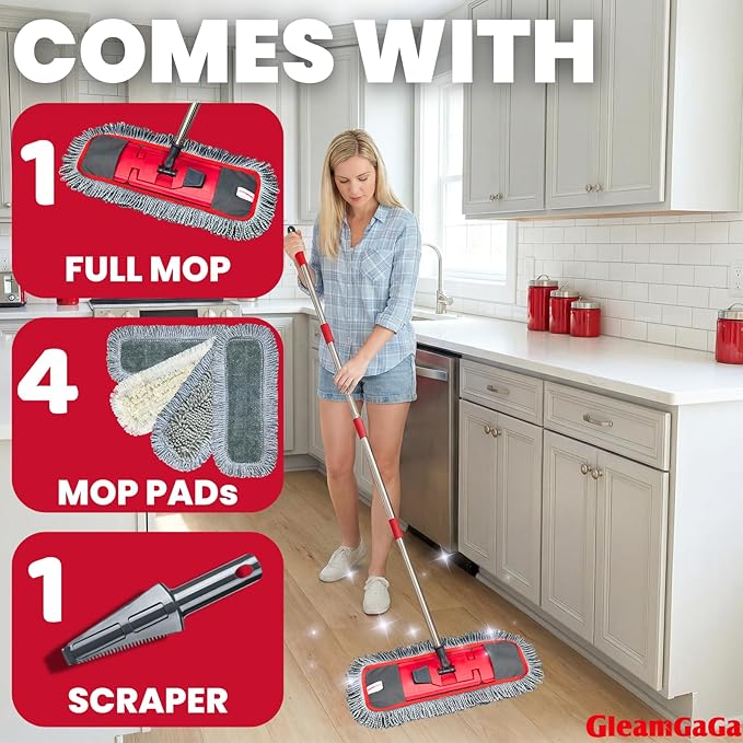 Dust Mop for Floor Cleaning with 4-in-1 Washable Pad System, Wet & Dry Multi-Purpose Mop with Built-In Scraper and Extra-Long 62'' Stainless Steel Handle for Hardwood,Vinyl,Laminate,Tile,Marble Floors