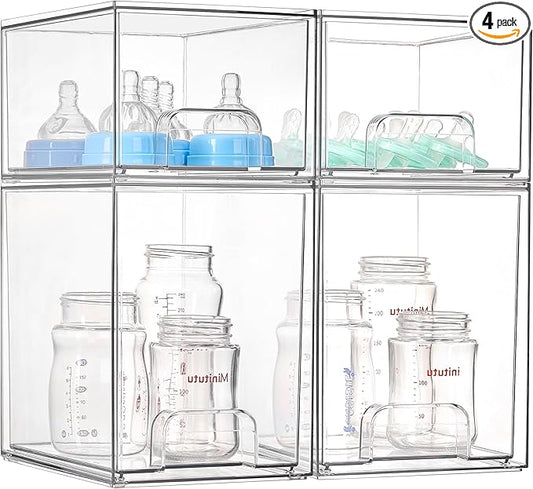 Vtopmart 4 Pack Clear Baby Bottle Organizer Set, Stackable Storage Drawers Ideal for Kichen Countertop, Vanity, Bathroom, Cabinet, Pantry Organization