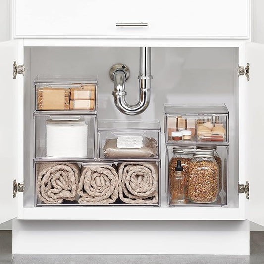 mDesign Plastic Stackable Bathroom Storage with Pull Out Bin Organizer Drawer for Cabinet, Vanity, Shelf, Cupboard, Cabinet, or Closet Organization - Lumiere Collection - Clear