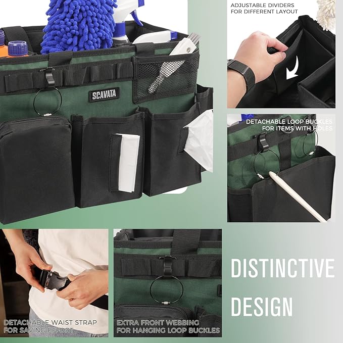Wearable Cleaning Caddy Bag, Cleaning Caddy Supplies Organizer with Handle & Shoulder Straps for Housekeepers, Under Sink & Car Cleaning Tool Organizers with 4 Foldable Divider (TreeGreen)