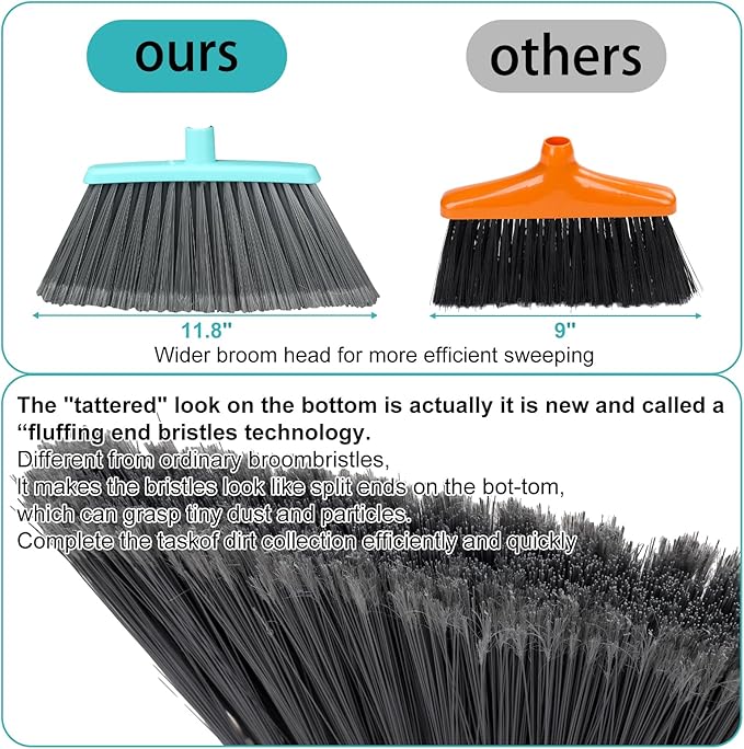 Upgrade Broom and Dustpan Set, Silicone Broom,Long Handle Broom with Upright Standing Dustpan, Squeegee - Broom for Indoor Cleaning 2+1,for Indoor Outdoor,Smooth Floors, Rugs (Green-Grey)
