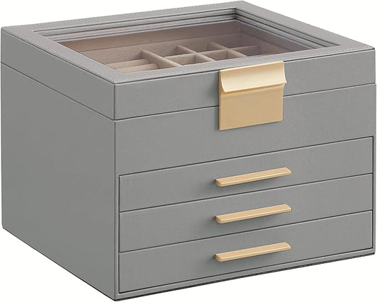 SONGMICS GISELLA Collection - Jewelry Box Organizer, 4-Layer Jewelry Storage with 3 Drawers, Shiny Metal Hardware, Glass Lid, Modern, 8 x 9.1 x 6.5 Inches, Dove Gray and Gold Color UJBC173G01