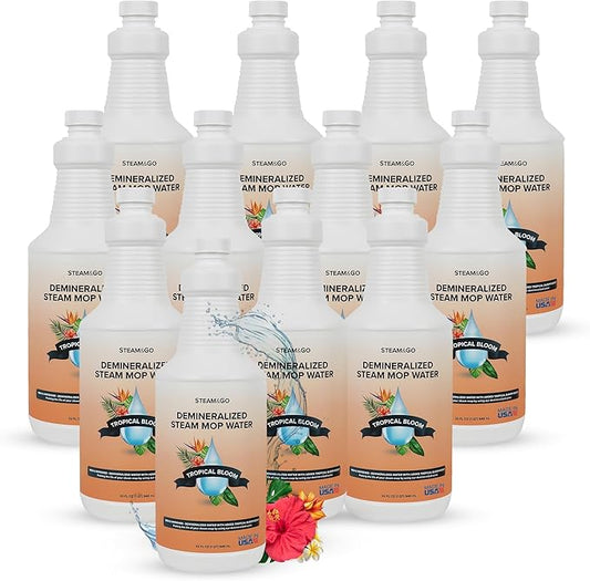 Steam & Go Demineralized Water for Steam Cleaner - PVC-Free Floor Cleaning Solution Compatible for All Steam Mops - Multi-Surface Cleaner for Home Surfaces - Tropical Bloom Scent, 32 oz (Pack of 12)