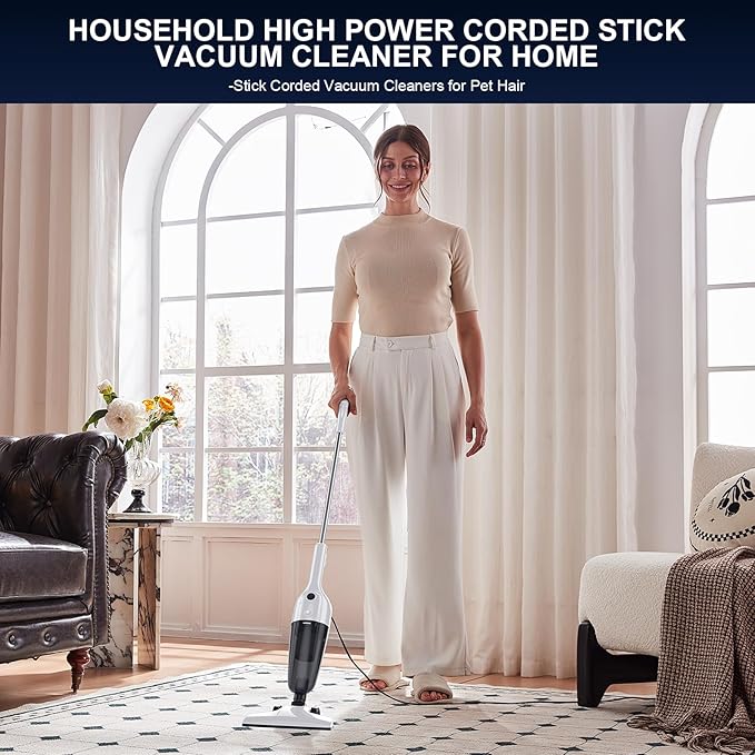 Stick Vacuum Cleaner, Corded 2-in-1 Lightweight Vacuum with Powerful Suction, Washable HEPA Filter, Handheld & Upright for Pet Hair, Carpet, Hardwood Floor & Home Cleaning – White MC607C