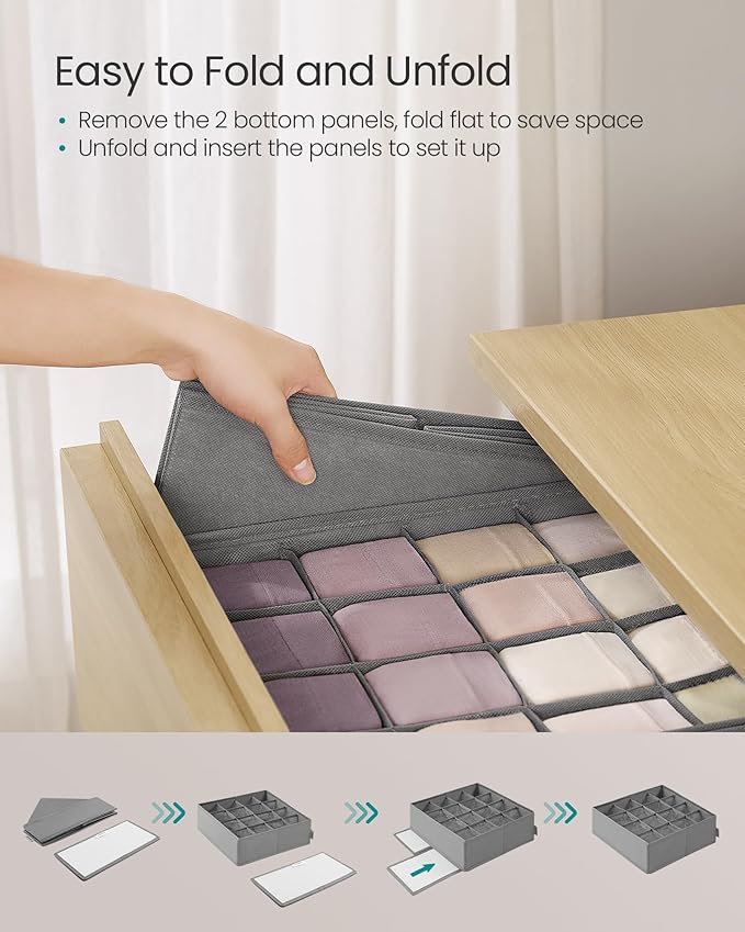 SONGMICS 6 Pack Drawer Organizers, 120 Cells (3x16+3x24), Foldable Dividers, 11.8 x 11.8 x 3.9 Inches, for Socks, Underwear, Ties, Belts, Dove Gray URUS011G02