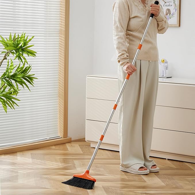 Broom and Dustpan Set Lightweight Upright Lobby Broom and Dust Pan Combo with Long Handle Outdoor Indoor for Home Kitchen Room Office (Orange and Black)