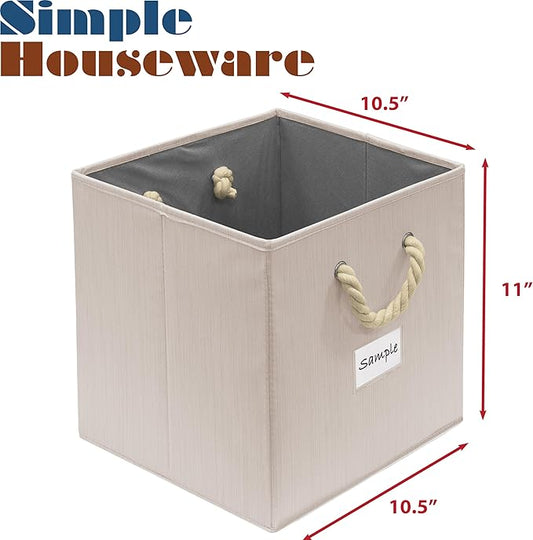 SIMPLE HOUSEWARE 11-Inch Cube Storage Bin With Braided Handles, 4 Pack, Ivory