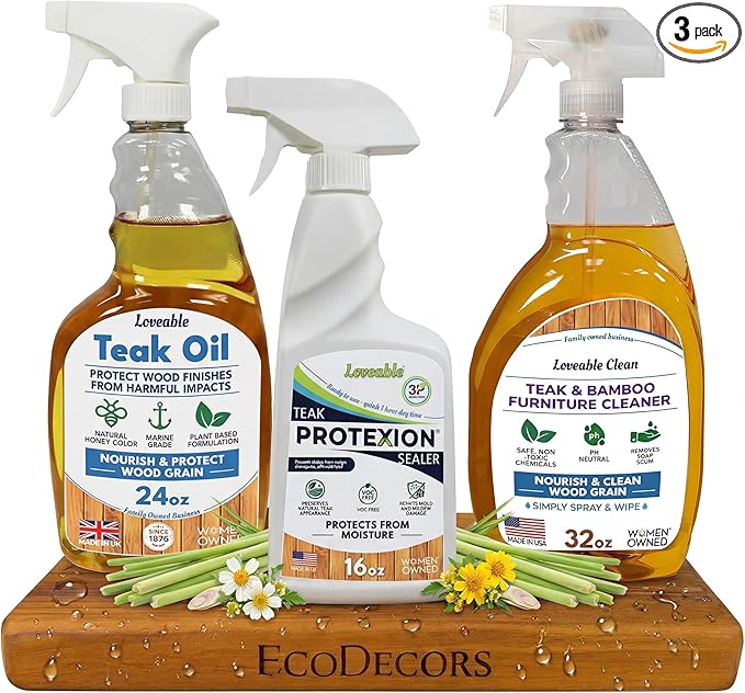 EcoDecors Protective Bundle – Loveable Teak Conditioning Oil, Teak Furniture Cleaner, and Protexion Teak Sealer Spray Bottle