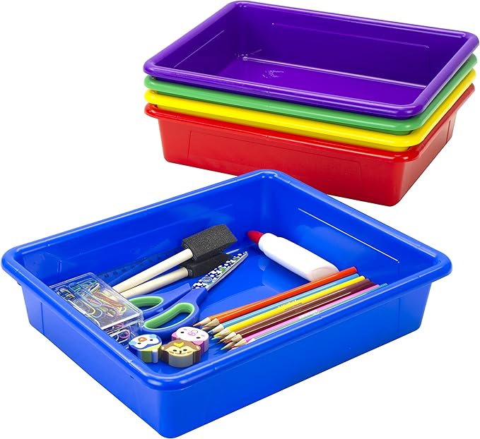 Storex Letter Size Flat Storage Tray – Organizer Bin for Classroom, Office and Home, Assorted Colors, 5-Pack (62514E05C)
