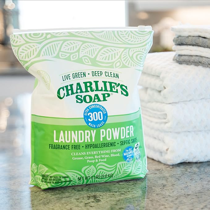 Charlie’s Soap Hypoallergenic Laundry Detergent Powder Baby Gentle 8lb Bag Fragrance Free Plant Based Deep Cleaning – Biodegradable Eco Friendly Sustainable