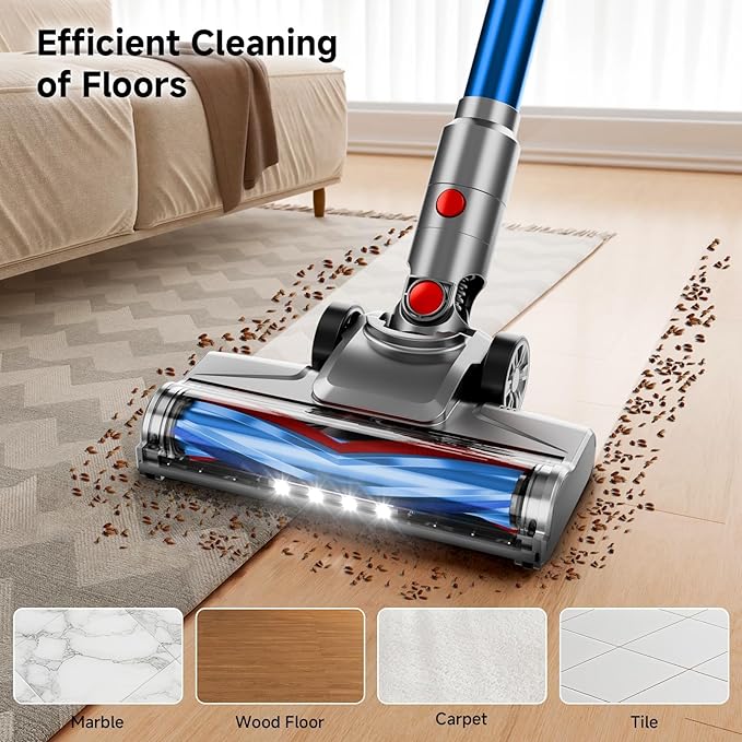 Cordless Vacuum Cleaner, Powerful Stick Vacuum Cleaner for Home with Rechargeable Battery, 6-in-1 Lightweight Handheld Vacuum, 45 Mins Runtime for Hardfloor & Carpets Pet Hair (Blue)