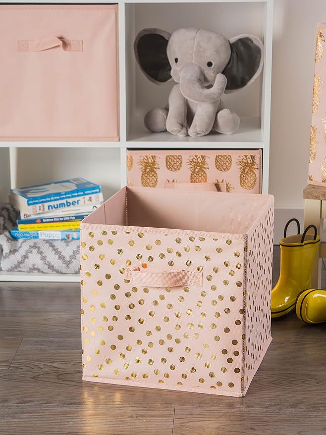 DII Non Woven Polyester Storage Bin, Polka Dot, Pink & Gold, Small Set of 2