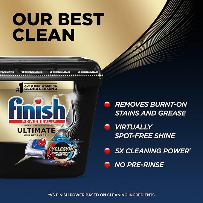 Finish Ultimate Dishwasher Pods,No Pre-Rinse Dishwasher Detergent Soap Removes Burnt-On Stain,with CycleSync Technology,Degreasing & Scrubbing Power,(Packaging may vary),52 Count (Pack of 3)