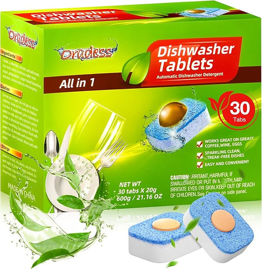 All-in-One Dishwasher Pods - Cleaner Tables No Pre-rinse Cuts Through Tough Grease & Stuck on Food, All Natural Eco-friendly Formula Non-toxic Dishwasher Detergent Gentle Yet Powerful Clean 30 Tabs