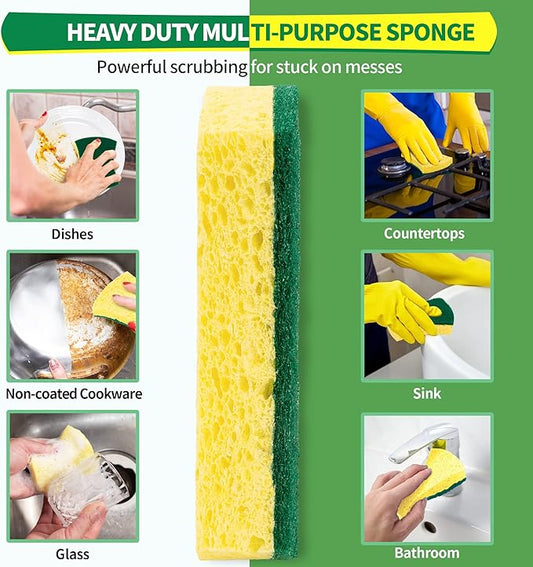 HOMERHYME Heavy Duty Sponges, 12 Pack Cellulose Scrub Sponge, Dual-Sided Kitchen Sponge, Multipurpose Sturdy Ergonomic Design for Kitchen Dishwashing, Uncoated Cookware, Sink, and Countertops