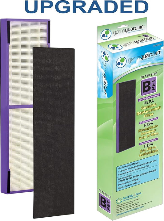 GermGuardian Pet Pure HEPA Genuine Replacement Filter B, Removes 99.97% of Pollutants for AC4825, AC4820, AC4850, AC4870, CDAP4500, AC4900, AC4300, AP2200, 4- Pack, Black/Purple, FLT4850PT4PK