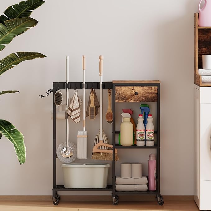 Heavy Duty Metal Cleaning Cart with Wheels,Broom Holder with Cleaning Supplies Organizer,Broom Storage Cart with Mop Hanger Gripper Rack Hooks for Home, Commercial (Rustic Brown, 29.72" L)