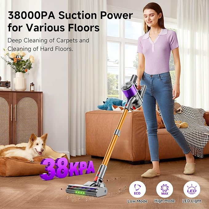 Cordless Stick Vacuum Cleaner, 38Kpa Powerful Suction Vacuum Cleaner with LED Headlight, Detachable Battery, 8-in-1 Lightweight Handheld Vacuums for Pet Hair Carpet and Hardwood Floor, Purple
