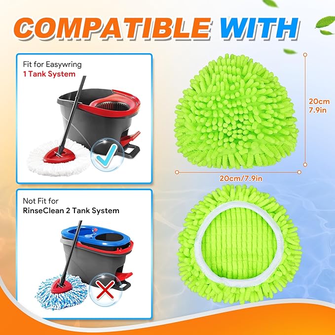 2 Pack Mop Pads Compatible with O-Cedar Easy Wring 1-Tank Spin Mop System, Hardwood Floor Cleaning, Green
