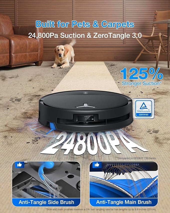 ECOVACS DEEBOT T80S Omni Robot Vacuum and Mop, 24,800Pa Suction, Instant Self-Cleaning OZMO Roller Mop, Auto-Lift Mop for Carpet & Spill Protection, AI Navigation, ZeroTangle 3.0 for Pets Family