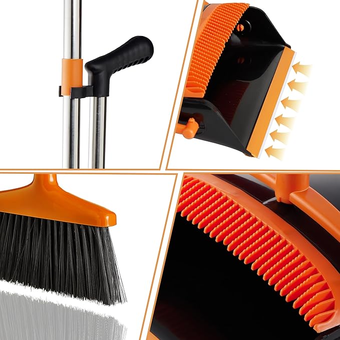 Broom and Dustpan Set Lightweight Upright Lobby Broom and Dust Pan Combo with Long Handle Outdoor Indoor for Home Kitchen Room Office (Orange and Black)