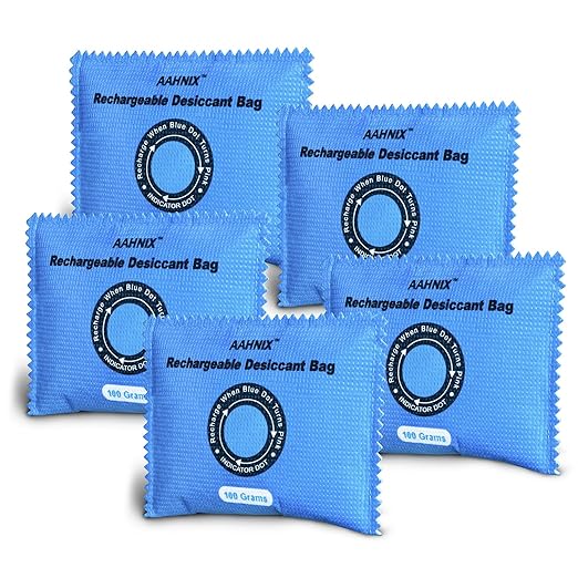 Rechargeable Desiccant Packs for Storage, Indicating Silica Desiccant Packets, 100g × 5pcs Moisture Absorbers for Handbag Storage Bins Gun Safes Wardrobe and Electronics