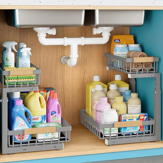 Under Sink Organizer, 2 Packs 2 Tier Gray Under Sink Organizers and Storage, Slide Out Pull Out Cabinet Organizer Shelf, Metal Sliding Drawer for Kitchen Bathroom Cabinet Organization Rack