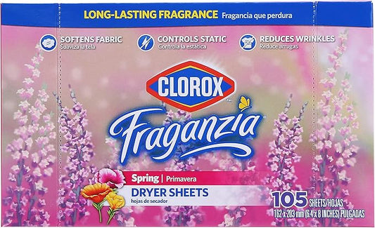 Clorox Fraganzia Fabric Softener Dryer Sheets | Scented Laundry Dryer Sheets for Great Smelling Clothes | Fresh Spring Scent Laundry Sheets, 105 Count - 6 Pack -BB0193PCS6