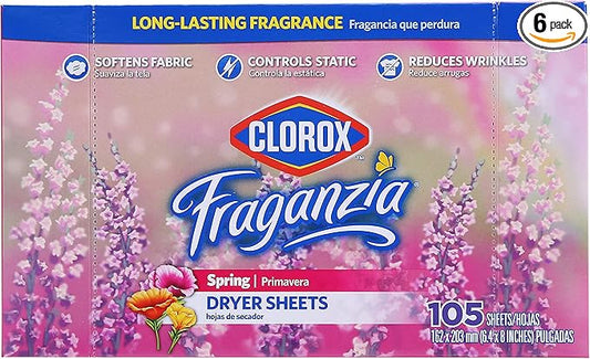 Clorox Fraganzia Fabric Softener Dryer Sheets | Scented Laundry Dryer Sheets for Great Smelling Clothes | Fresh Spring Scent Laundry Sheets, 105 Count - 6 Pack -BB0193PCS6