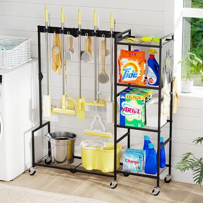 46" H Broom Holder with Cleaning Supplies Organizer, Mop Rack Storage with 4-Tier Shelves, 10 Gripper Clips, 4 Double-Hooks, 3 Hooks, Metal Utility Carts on Wheels for Home Essentials, Black