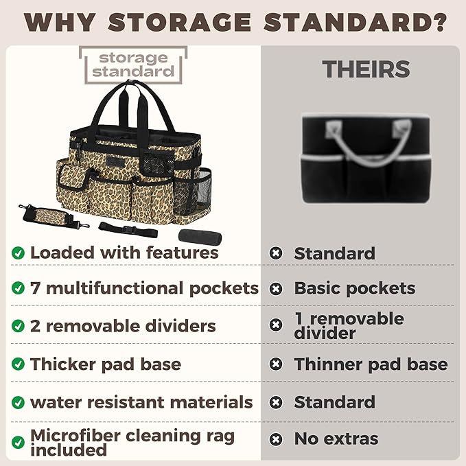 Storage Standard Cleaning Caddy Organizer with Handle - Small Cleaning Caddy Supplies Bag with Shoulder & Waist Strap - Cleaning Supplies Organizer with Cleaning Cloth - Leopard
