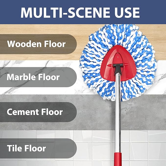 Spin Mop Replacement Set, Includes 2 Mop Head Replacement, 1 Mop Handle (30-58in Adjustable 4-Section Pole), 1 Spin Base