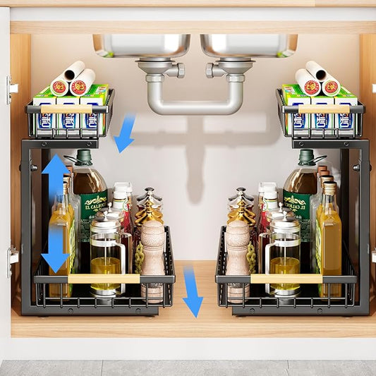 Under Sink Organizer, 2 Pack 2 Tier Under Sink Organizers and Storage, Slide Out Pull Out Cabinet Organizer Shelf, Height Adjustable Metal Drawer for Kitchen Bathroom Closet Organization Rack Black