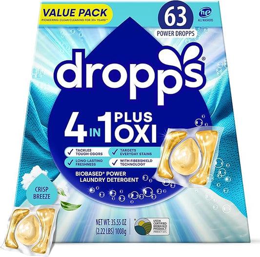 Dropps 4-in-1 Plus Oxi Crisp Breeze Power Biobased Laundry Detergent Pods (63 Pods) - Chlorine-Free Bleach Alternative Biobased Laundry Whitener, Stain & Odor Remover