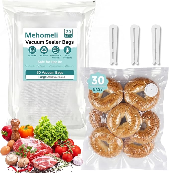 Reusable Vacuum Sealer Bags for Food – 30 BPA-Free Large (11.8 x 13.4in) Food Storage Bags, Freezer Microwave Safe, Odor-Resistant, Leak-Proof – Compatible with Handheld Vacuum Sealers
