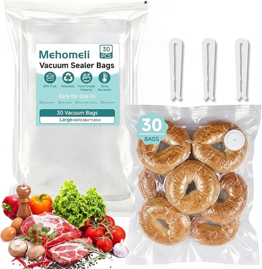 Reusable Vacuum Sealer Bags for Food – 30 BPA-Free Large (11.8 x 13.4in) Food Storage Bags, Freezer Microwave Safe, Odor-Resistant, Leak-Proof – Compatible with Handheld Vacuum Sealers