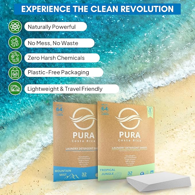 Laundry Detergent Sheets - Ultra Concentrated & Hypoallergenic - Deep Clean, Safe for Sensitive Skin, Plastic-Free & Non-Toxic - Works in Hot & Cold Water - (64 Loads 32 Sheets) - Mountain Mist